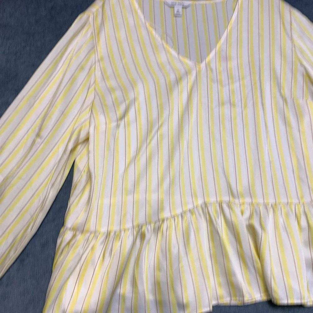 Nine West Shirred Tunic Top Womens XL Yellow White Striped V Neck Long Sleeve
